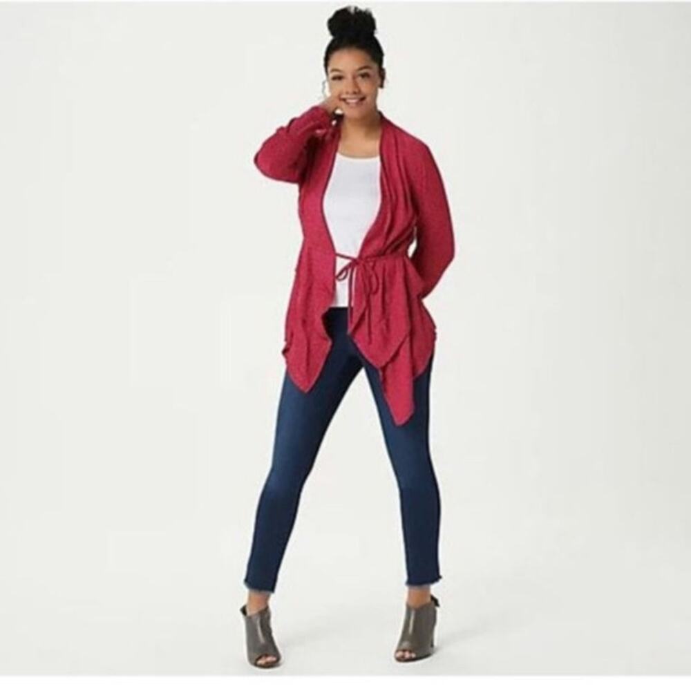 Logo By Lori Goldstein QVC Women XL Hot Pink/ Red Jacquard  Wrap Style Cardigan